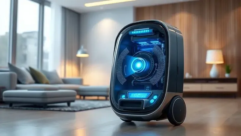Representação artística do design de um robô aspirador moderno com foco em sensores e acabamento minimalista.