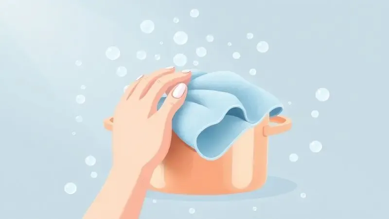 Ilustração artística de limpeza e cuidado delicado com utensílios de cozinha de alta qualidade.