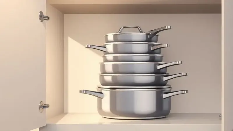 Ilustração de panelas limpas e organizadas em um armário de cozinha, simbolizando cuidado e durabilidade.