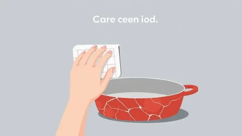 Ilustração de cuidado com utensílio doméstico mostrando limpeza suave em panela marmorizada.