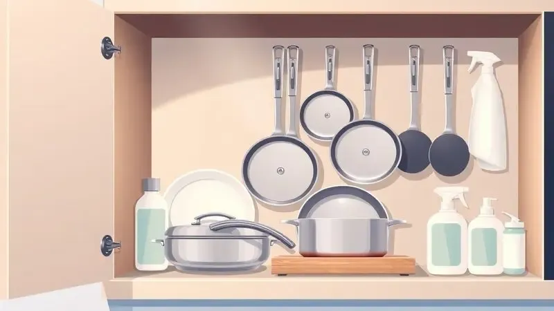 Ilustração digital de armário de cozinha organizado com panelas empilhadas de forma segura e utensílios de limpeza suaves.