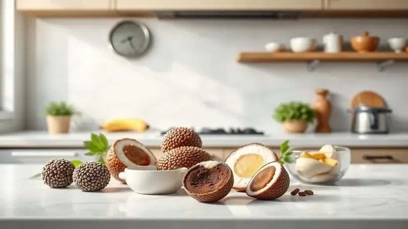Ilustração artística de ingredientes premium como cacau e manteiga para preparo de brigadeiro.