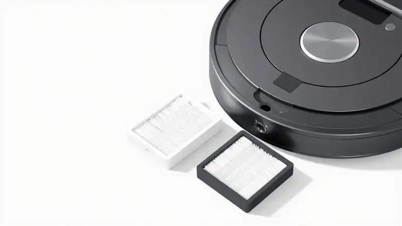 Peças e componentes de manutenção de um aspirador robô em uma composição artística organizada.