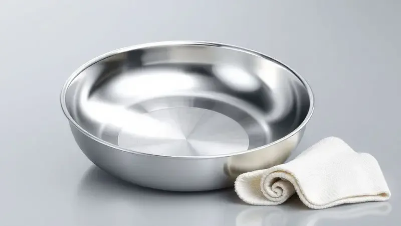 Panela de aço inox com brilho impecável após manutenção, refletindo luz em ambiente minimalista.