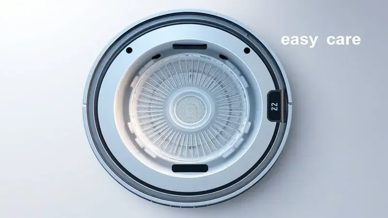 Ilustração de manutenção doméstica mostrando a limpeza do compartimento de poeira de um robô aspirador.