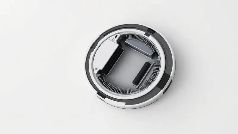 Ilustração 3D conceitual de um robô aspirador com compartimento de poeira aberto e escovas limpas em um ambiente organizado.