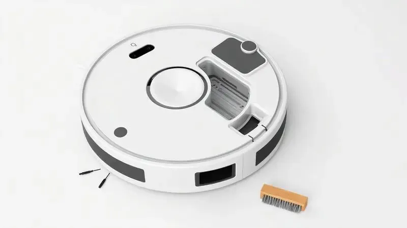 Renderização 3D organizada mostrando a manutenção simples de um robô aspirador com o compartimento de sujeira removido.