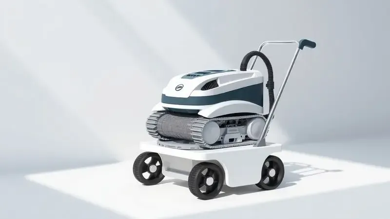 Ilustração minimalista de um robô de piscina guardado de forma organizada em um suporte, simbolizando cuidado e durabilidade.