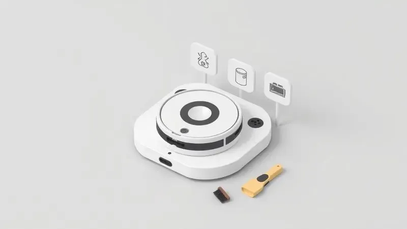 Cena conceitual em 3D com ícones de manutenção, bateria e limpeza ao redor de uma base de carregamento de robô aspirador.