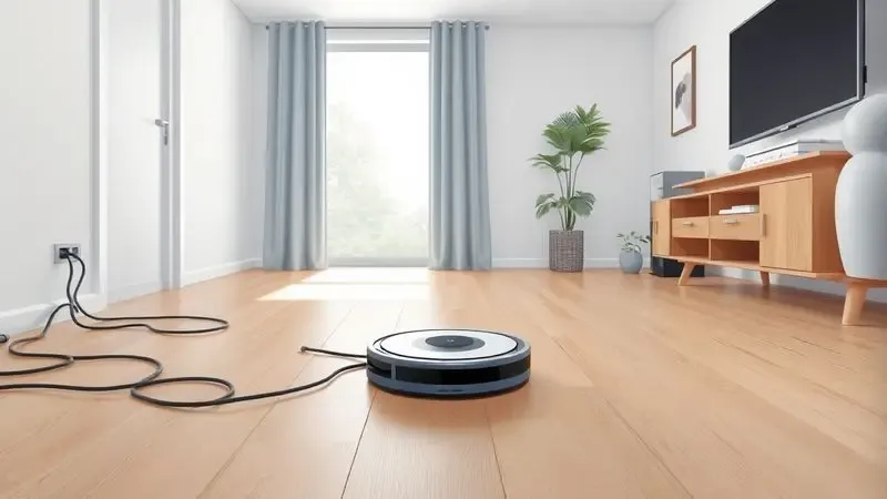 Dicas visuais de organização de cabos e tapetes para facilitar a passagem do robô aspirador.
