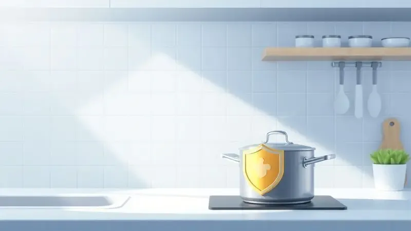 Ilustração digital conceitual de um ambiente de cozinha com um ícone de escudo protetor simbolizando segurança no uso doméstico.