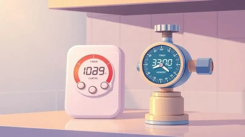Ilustração digital de uma válvula de pressão e um timer de cozinha em um ambiente seguro e controlado, destacando a segurança doméstica.