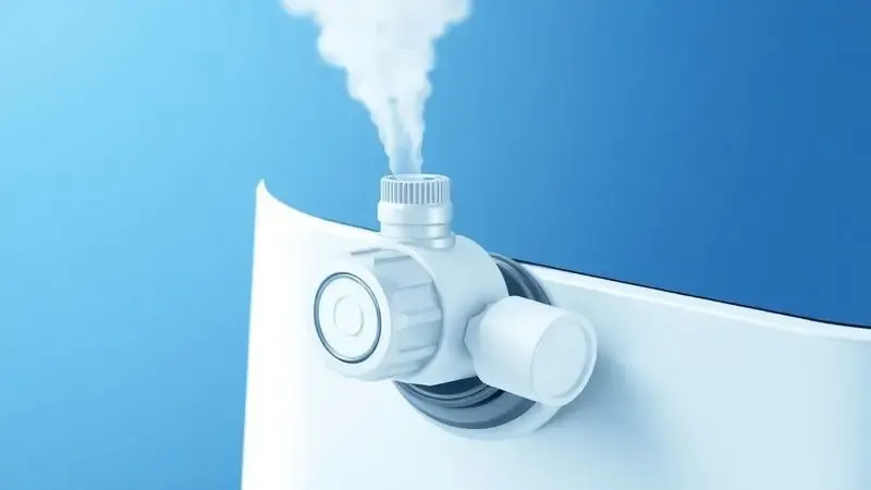 Ilustração 3D conceitual de uma válvula de vapor de panela elétrica com vapor suave saindo.