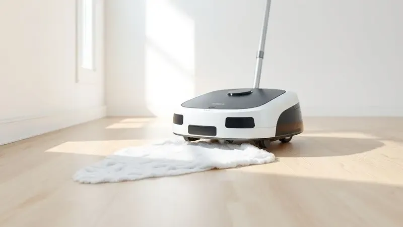 Robô aspirador ilustrado executando a função de passar pano e deixando um rastro de limpeza em piso de madeira claro.