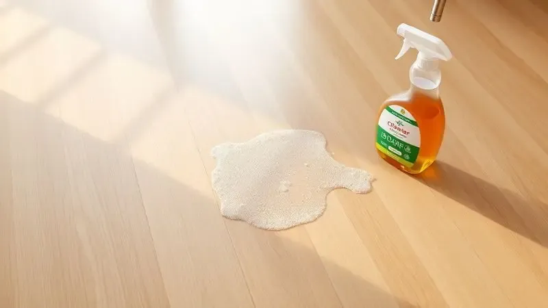 Visão artística de um piso de madeira limpo com um rastro suave de umidade e acessórios de limpeza genéricos ao lado.