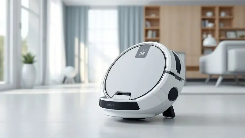 Renderização artística de um aspirador robô sendo preparado para uso em um ambiente doméstico organizado.