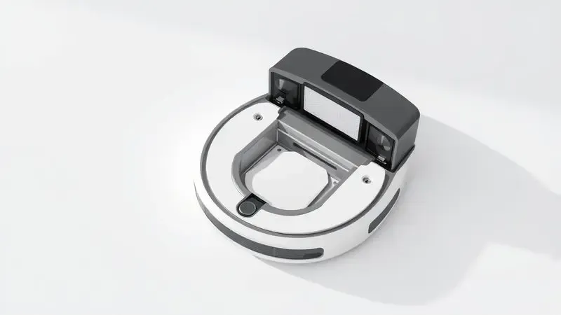 Renderização 3D conceitual mostrando a manutenção simples de um robô aspirador, com foco no filtro e nas escovas laterais.