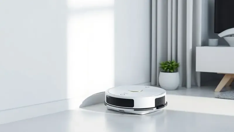 Representação visual de um robô aspirador em sua base de carregamento em um canto organizado da casa.
