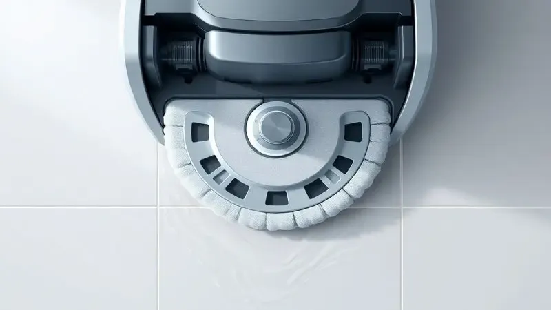 Ilustração detalhada da base de um robô aspirador com acessório de mop limpando um piso liso e brilhante.