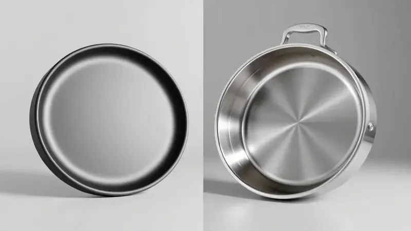 Comparativo visual entre a textura fosca de uma panela antiaderente e o brilho metálico de uma panela de inox.