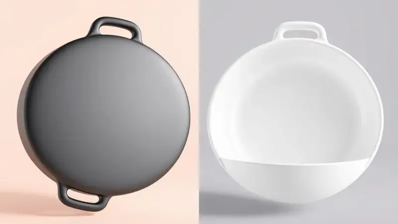 Comparativo visual entre revestimento de cerâmica branca e revestimento antiaderente escuro de forma artística.