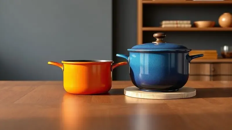 Representação 3D contrastando uma panela de ferro tradicional rústica com uma panela esmaltada colorida em uma mesa moderna.