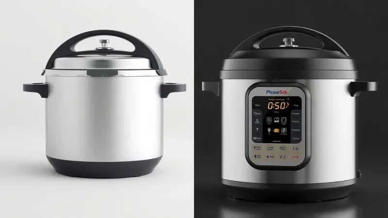 Comparação conceitual entre uma panela de pressão manual de fogão e uma panela elétrica com painel digital.