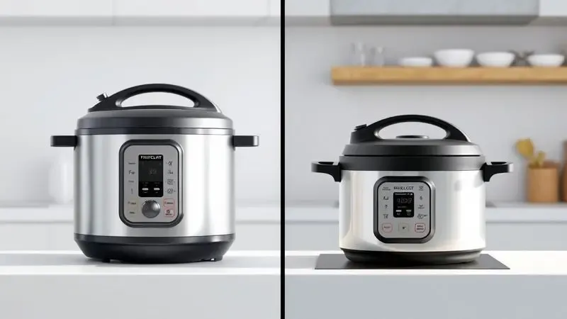 Ilustração 3D comparando uma panela de pressão elétrica moderna com uma panela tradicional em uma bancada de cozinha clean.