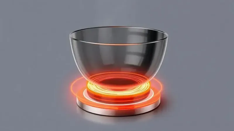Ilustração conceitual do funcionamento do calor por indução magnética sob a base de uma panela metálica.