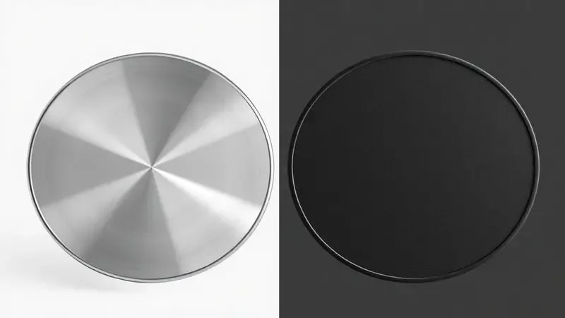 Comparativo visual entre a superfície brilhante de uma panela de aço inox e a superfície fosca de uma panela antiaderente.