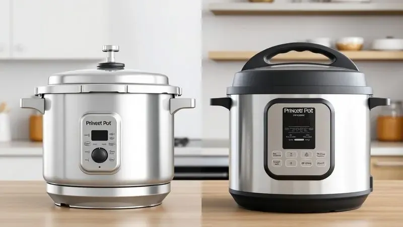 Ilustração 3D comparando uma panela de pressão tradicional e uma elétrica moderna em uma cozinha minimalista.