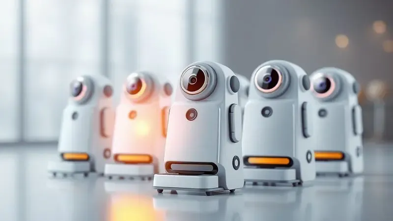 Representação artística de um robô aspirador se destacando entre outros modelos por sua eficiência e tecnologia.