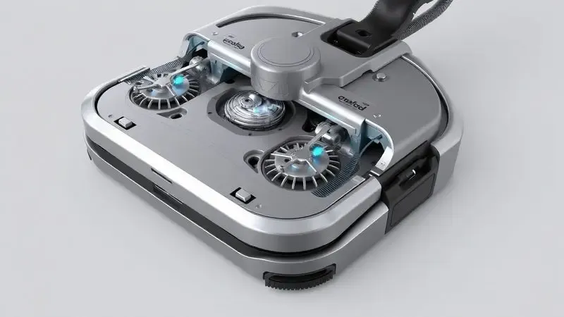 Detalhes técnicos conceituais das escovas e sensores de um robô aspirador de alta performance.