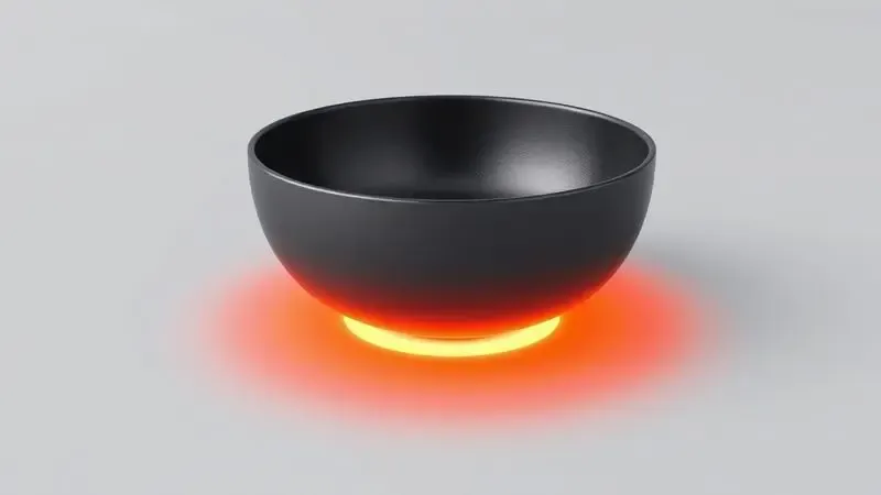 Ilustração conceitual 3D mostrando a distribuição uniforme de calor na base de uma panela de ferro fundido com ondas de energia quente.
