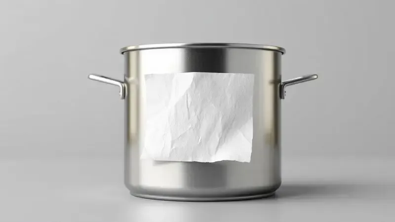 Ilustração digital de uma etiqueta de papel começando a descolar de uma panela, revelando resíduos de cola persistentes.