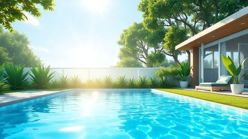 Cena conceitual de uma piscina cristalina em um jardim sustentável, focando na eficiência e economia de água.