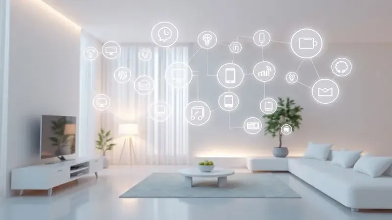 Ilustração 3D conceitual de uma casa conectada com ícones de tecnologia flutuando suavemente em um ambiente moderno.