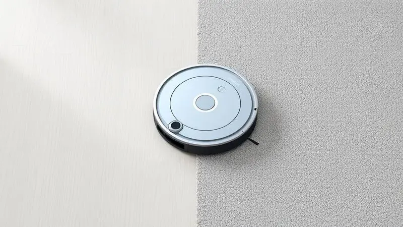 Ilustração de um robô aspirador transitando suavemente entre um piso de madeira polida e um tapete moderno em uma sala minimalista.