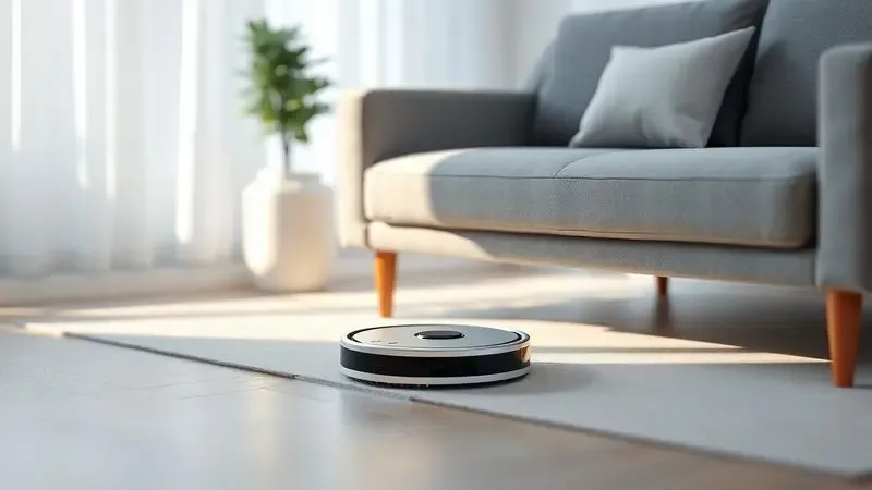 Ilustração de um robô aspirador limpando áreas de difícil acesso sob os móveis de uma sala moderna.