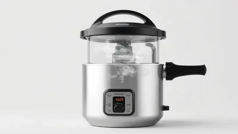 Ilustração 3D mostrando o funcionamento interno de uma panela de pressão com partículas de vapor em movimento para representar calor.