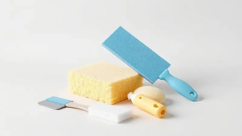 Ilustração 3D de acessórios de limpeza organizados de forma minimalista para manutenção de cozinha.