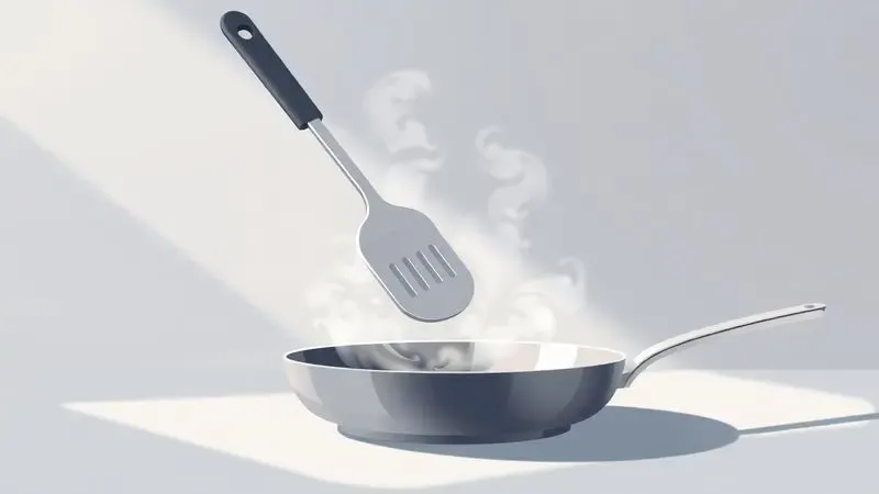 Ilustração de uma espátula sobre uma frigideira em estilo minimalista, representando técnicas corretas de preparo.