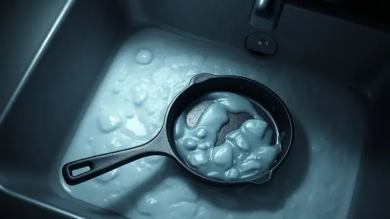 Representação artística de uma panela de ferro deixada de molho na água, um erro comum que causa oxidação.