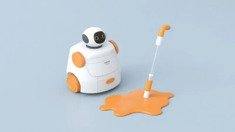 Ilustração conceitual de um robô aspirador próximo a líquidos, alertando sobre erros comuns que podem danificar o motor do aparelho.