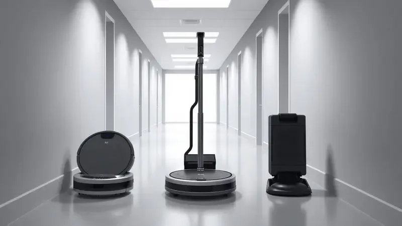 Três silhuetas conceituais de diferentes modelos de robôs aspiradores em um ambiente doméstico moderno.