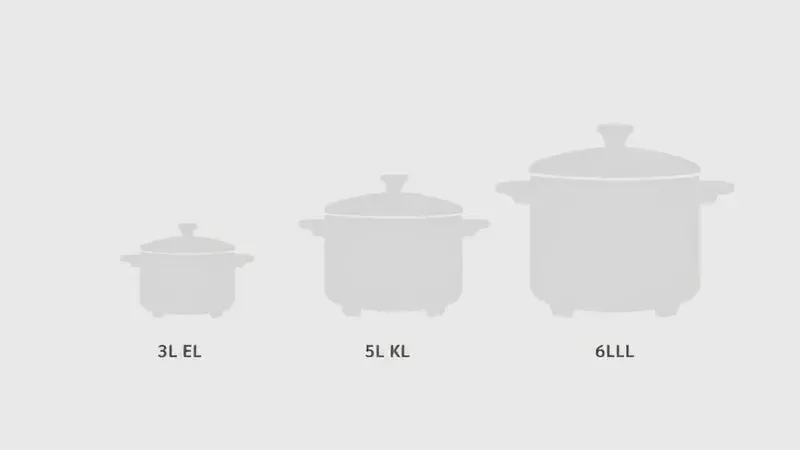 Comparação visual de três tamanhos diferentes de panelas para ilustrar as capacidades de 3, 5 e 6 litros.