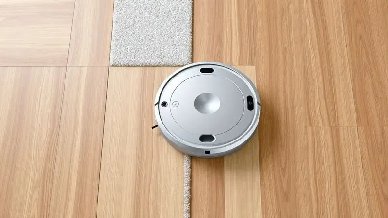 Representação de um robô aspirador atravessando diferentes superfícies como madeira, carpete e azulejo.