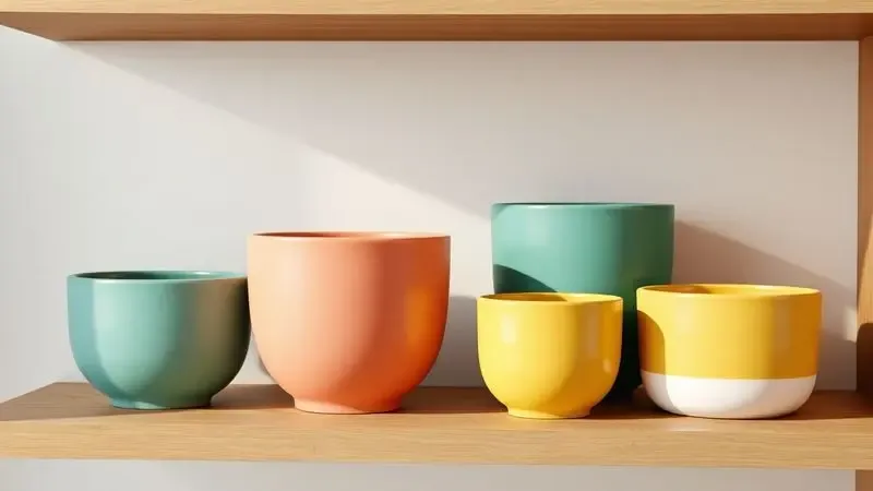 Conjunto de panelas coloridas de design moderno organizadas de forma estética em uma prateleira de madeira.