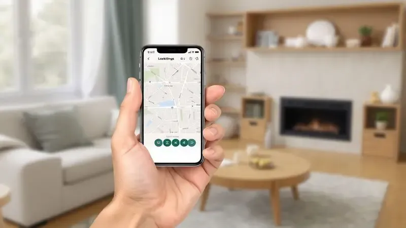 Interface ilustrada de aplicativo para smartphone controlando limpeza residencial inteligente.