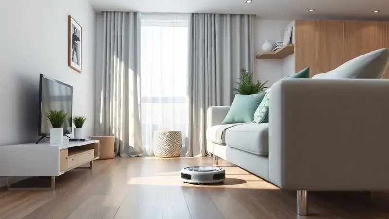 Renderização 3D de um apartamento moderno com um aspirador robô limpando embaixo do sofá de forma automática.